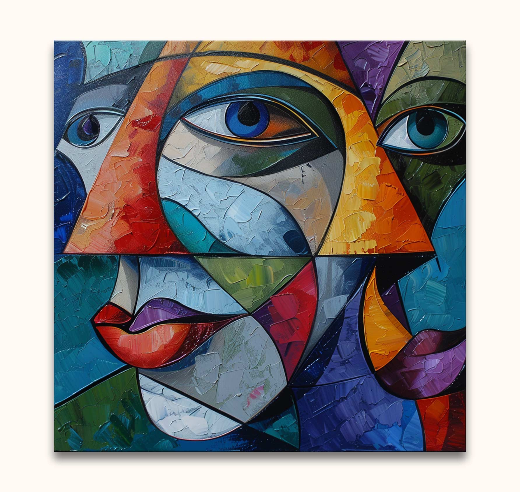 Cubistisch schilderij Pascalle bij Maanlicht door Picasso. Abstracte gezichtsweergave met expressieve kleuren en vormen, handgeschilderd op museumkwaliteit canvas.