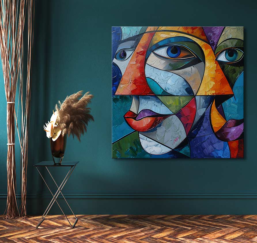 Picasso signature - Pascalle bij Maanlicht: Kubistisch olieverfschilderij met kleurrijke gezichten, handgeschilderd op canvas. Opgehangen aan een teal muur, naast een tafel met vaas.