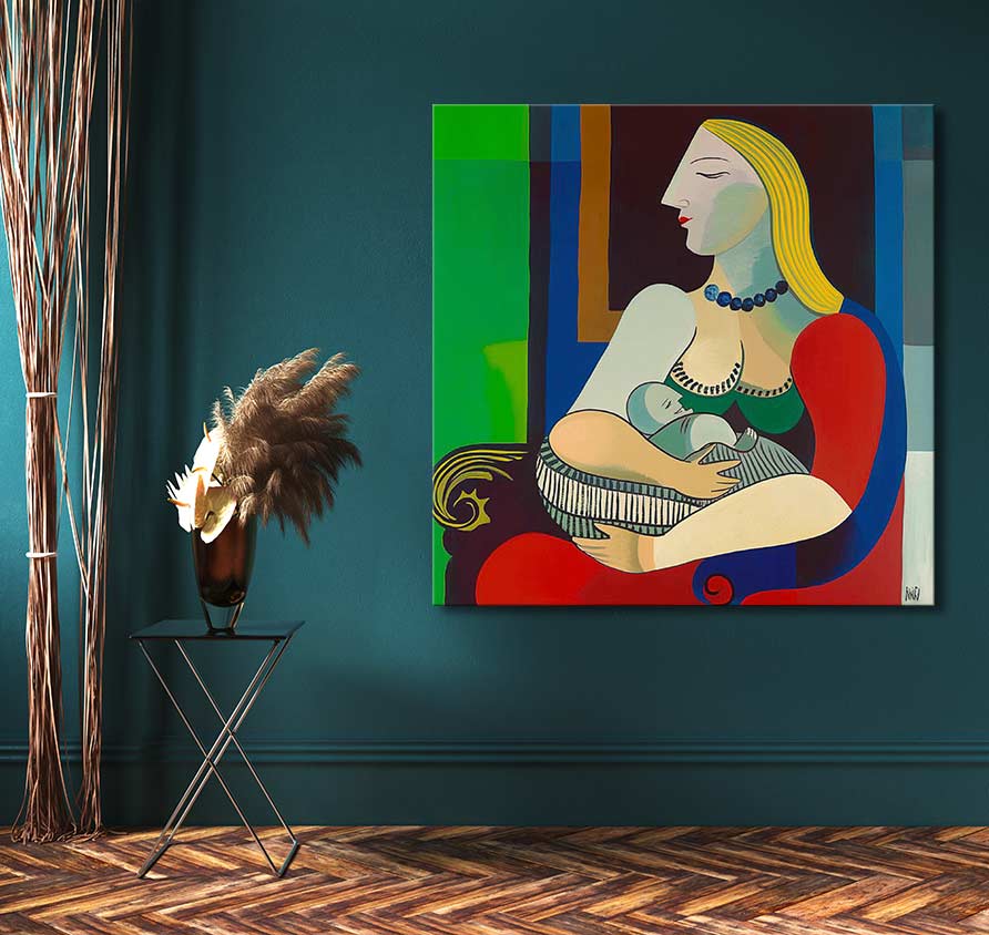 Picasso signature - La Reve: A cubist painting of a mother nursing her baby on a teal wall, complemented by a black metal side table and pampas grass.