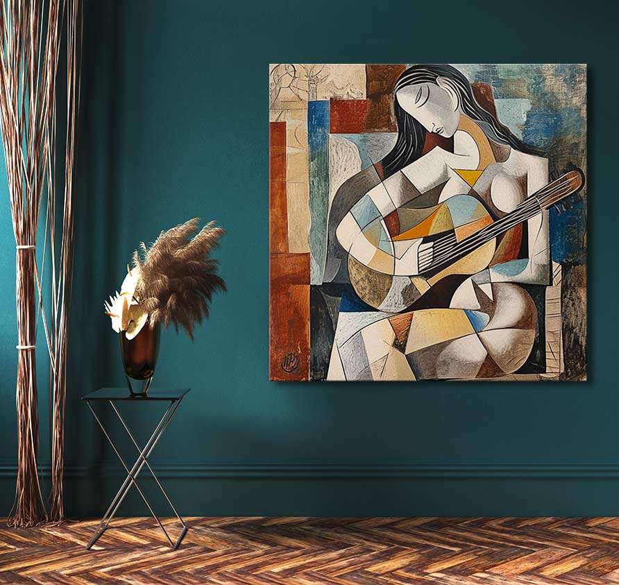 Kubistisch olieverfschilderij Ranucia speelt Gitaar van Picasso, toont geometrisch gestileerde vrouw met gitaar. Opgespannen canvas, klaar voor ophangen. Museumkwaliteit.