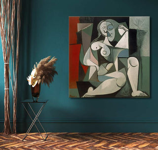 Cubist-style painting by Picasso, Marie Thérèse Walter, on teal wall with metal table and pampas grass. Ready-to-hang, high-quality oil painting on museum-grade canvas.