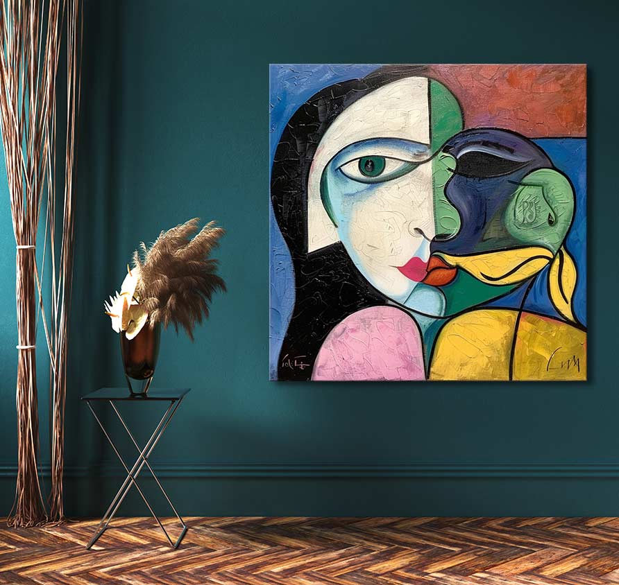 Twee interlockende gezichten in cubistische stijl. Handgeschilderd schilderij Picasso signature - La Toilette op houten frame met UV-bescherming, klaar om op te hangen.