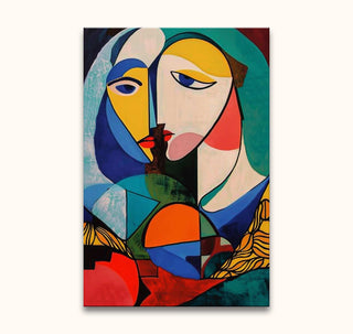 Picasso signature - Avond met Maanlicht: Cubist-inspired painting of interlocking stylized faces with geometric shapes and vibrant colors, hand-painted for modern art enthusiasts.