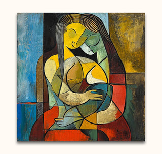 Cubist-style painting, Twee Wenende Vrouwen, inspired by Picasso, depicting two abstracted female figures with geometric planes and vibrant colors. Hand-painted on canvas.