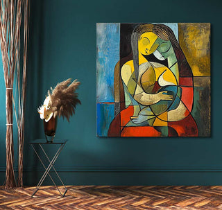 Cubist-style painting, Picasso Signature - Twee Wenende Vrouwen, depicting abstract figures embracing, displayed on a teal wall. Accompanied by minimalist decor, perfect for modern interiors.