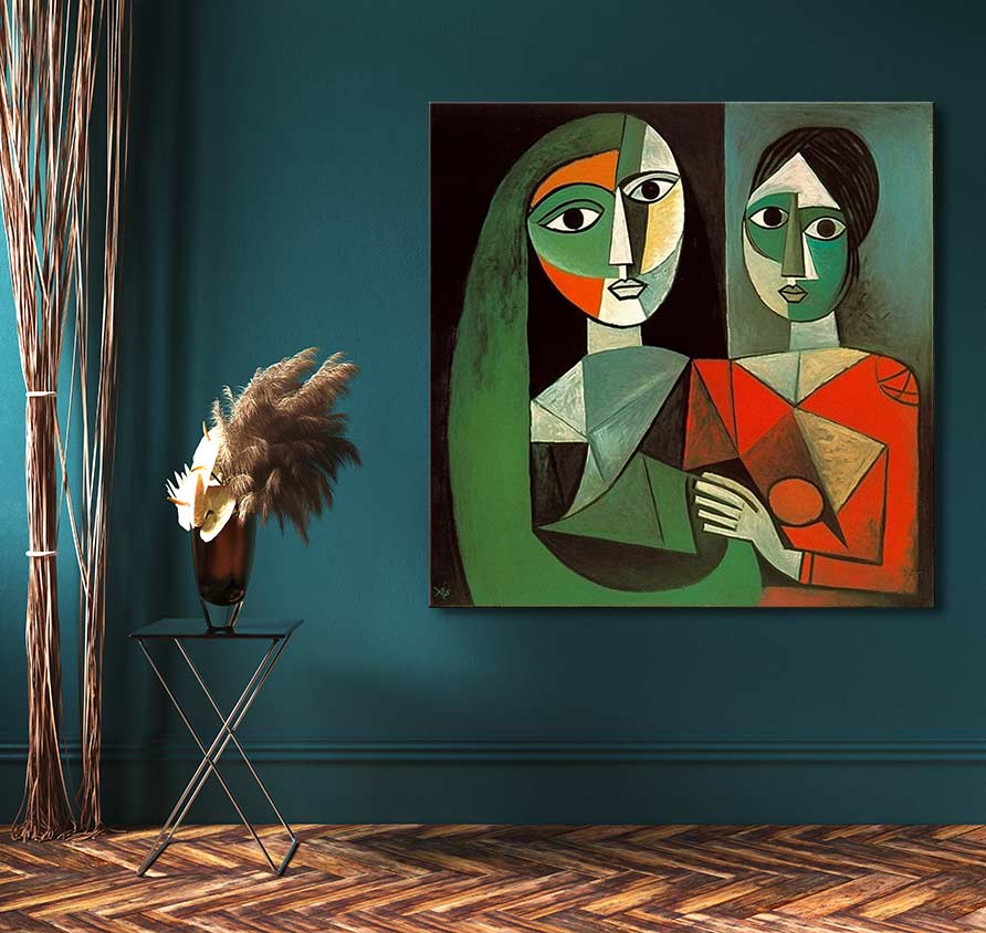 Cubist-style painting Hartsvriendinnen by Picasso, with abstract female figures. Displayed in a moody teal corner with pampas grass and a black tripod table.