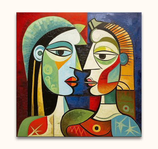 Picasso signature - Twee Dames: Cubist painting of two women in profile, featuring geometric shapes and bold colors, hand-painted on museum-quality canvas.