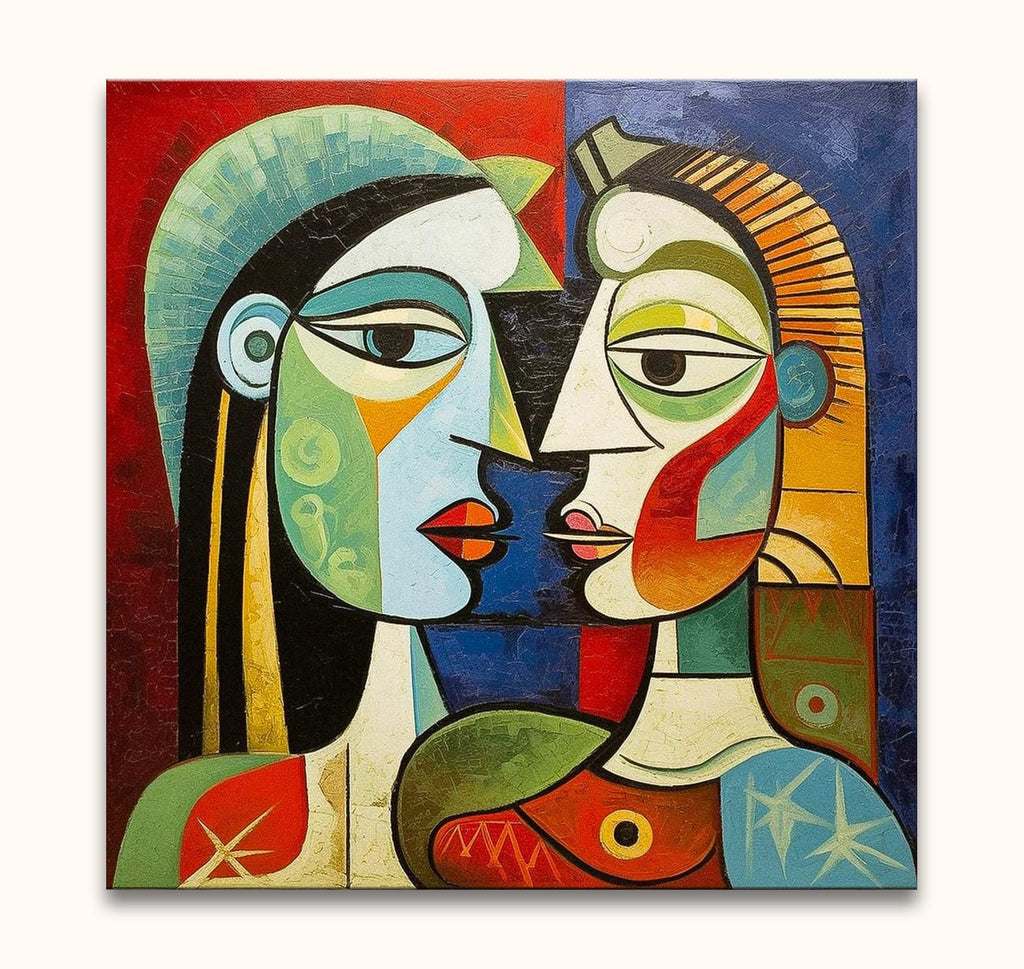 Picasso signature - Twee Dames: Cubist painting of two women in profile, featuring geometric shapes and bold colors, hand-painted on museum-quality canvas.