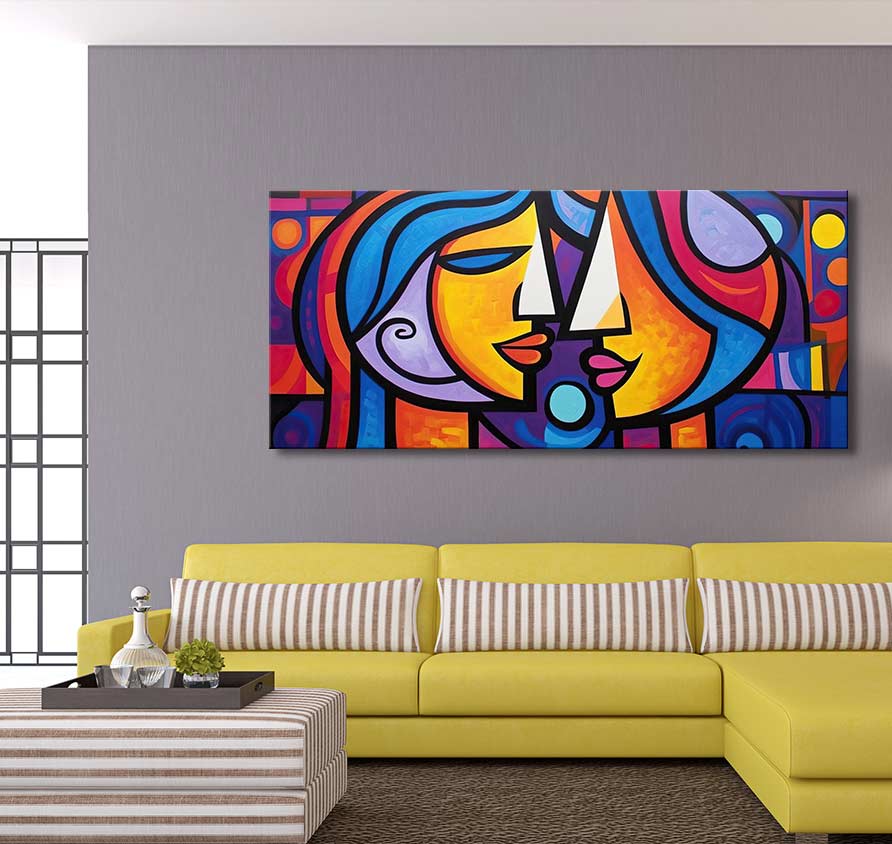 Picasso signature - Avond met Josephine: Abstract schilderij van twee kubistische gezichten, expressief en kleurrijk. Handgeschilderd olieverf op museumkwaliteit canvas, klaar om op te hangen.