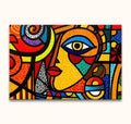 Cubistisch schilderij 'Catarina' met abstracte vormen en een opvallend profiel van een gezicht, geïnspireerd door Picasso, op een kleurrijk, expressief doek.