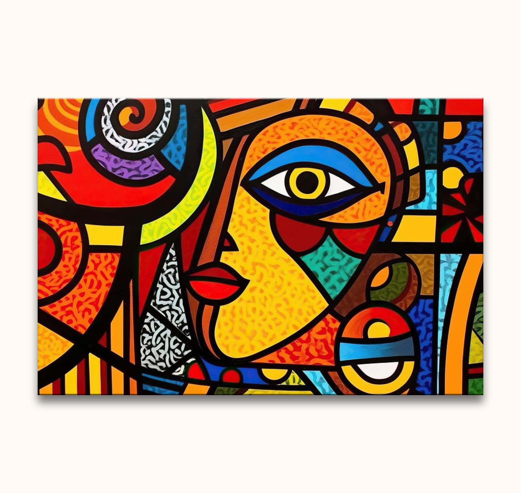 Cubistisch schilderij 'Catarina' met abstracte vormen en een opvallend profiel van een gezicht, geïnspireerd door Picasso, op een kleurrijk, expressief doek.