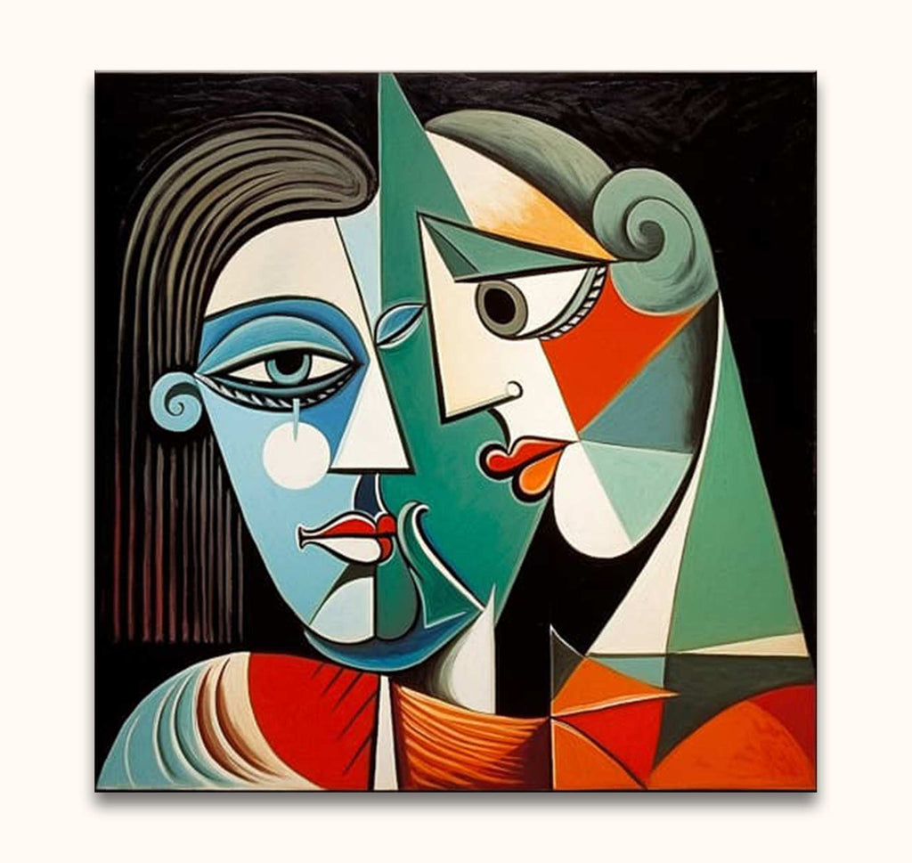 Cubist-style portrait Picasso signature - True Lovers 2 depicting two abstract faces, hand-painted with vibrant geometric shapes, perfect for modern interior decor.