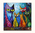 Picasso signature - Cat Lovers 1: Abstract oil painting of five stylized cats in vibrant colors, showcasing modern cubist style, perfect for art enthusiasts.