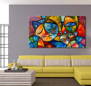 Modern abstract oil painting 'Dog Lovers 2' with cubist-style dog faces, signed by Picasso. Displayed above a yellow sectional sofa in a contemporary living room setting.
