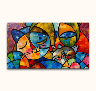 Cubist-inspired painting of cats, titled 'Dog Lovers 2' with Pablo Picasso signature. Vibrant geometric shapes, showcasing feline intimacy. Hand-painted, ready to hang.
