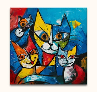Cubist-style painting Picasso signature - Cat Lovers 3 featuring five stylized cat faces with bold geometric shapes, hand-painted on canvas, ready to hang.