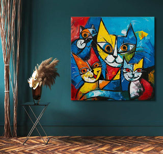Picasso signature - Cat Lovers 3: Abstract cubist painting of five cats in geometric shapes, mounted on a teal wall. Hand-painted, museum-quality canvas, ready to hang.