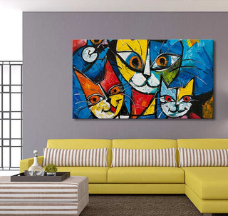 Hand-painted abstract artwork, Picasso signature - Cat Lovers 4, featuring three stylized cat faces in cubist style, mounted on gray wall, enhancing modern decor.