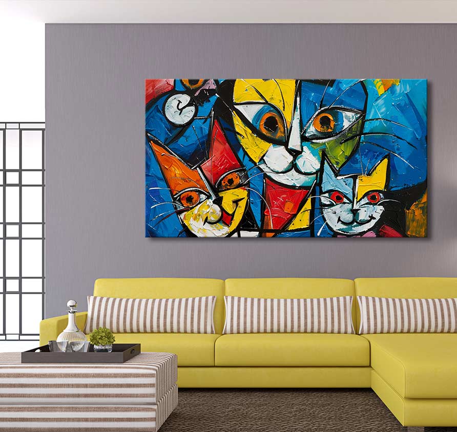 Hand-painted abstract artwork, Picasso signature - Cat Lovers 4, featuring three stylized cat faces in cubist style, mounted on gray wall, enhancing modern decor.