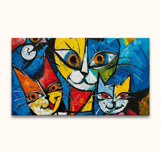 Abstract painting featuring three stylized, playful cats in bold geometric colors, titled Picasso Signature - Cat Lovers 4, showcasing cubist artistry.