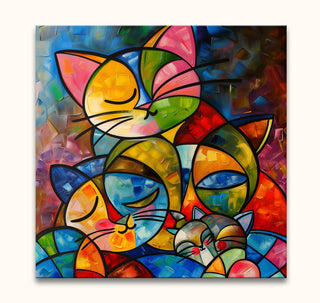 Picasso signature - Cat Lovers 5: Abstract cubist painting of serene cats with geometric patterns, hand-painted oil on canvas, ready to hang, ideal for modern interiors.