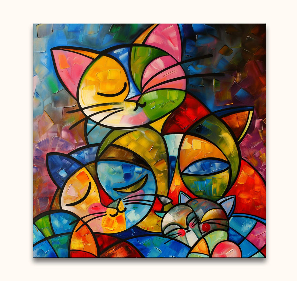 Picasso signature - Cat Lovers 5: Abstract cubist painting of serene cats with geometric patterns, hand-painted oil on canvas, ready to hang, ideal for modern interiors.