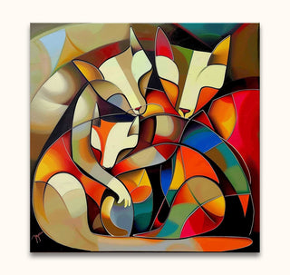 Cubist-inspired painting Picasso Signature - Fox Family with three abstract fox figures in geometric planes. Hand-painted on quality canvas, ready to hang.
