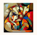 Cubist-inspired painting Picasso Signature - Fox Family with three abstract fox figures in geometric planes. Hand-painted on quality canvas, ready to hang.