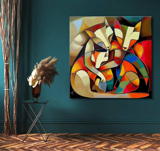 Cubist-style painting Fox Family by Pablo Picasso, featuring three stylized foxes. Displayed in a modern interior, complemented by a slim side table with pampas grass.