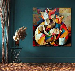 Picasso signature - Cat Lovers 6: A cubist painting of four stylized cats on a teal wall, complemented by a black metal table with dried pampas grass.