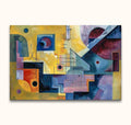 Geometric abstract painting Sweet Home with Picasso signature; vibrant colors, overlapping shapes, and dynamic lines. Hand-painted, ready-to-hang, ideal for modern interiors.
