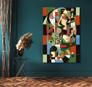 Picasso signature - Curvy Cubism: A vibrant hand-painted abstract artwork in cubist style, mounted on a teal wall, perfect for modern interiors.