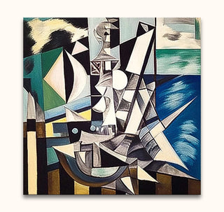 Cubistisch schilderij De Tijd na Guernica met geometrische vormen die een zeilboot suggereren. Handgeschilderd met olieverf op museumkwaliteit canvas, klaar om op te hangen.
