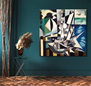 Picasso signature - De tijd na Guernica: Kubistisch schilderij met abstracte vormen van een schip. Hoge kwaliteit olieverf op canvas, handgeschilderd, klaar om op te hangen.