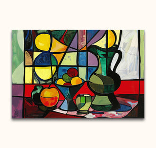 Picasso signature - Stilleven 1: A cubist still-life painting with fruit bowl, pitcher, and glass. Bold geometric shapes, hand-painted on high-quality canvas.