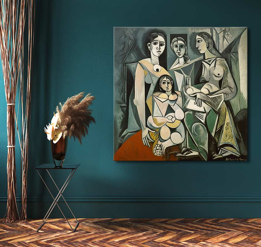 Cubist-style painting Picasso signature - Drie Gezusters with geometric female figures, mounted on teal wall in minimalist room with herringbone floors.