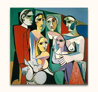 Cubist-style painting, Day at the Museum, depicting six abstract figures with Picasso signature. Hand-painted on high-quality canvas, ready to hang.