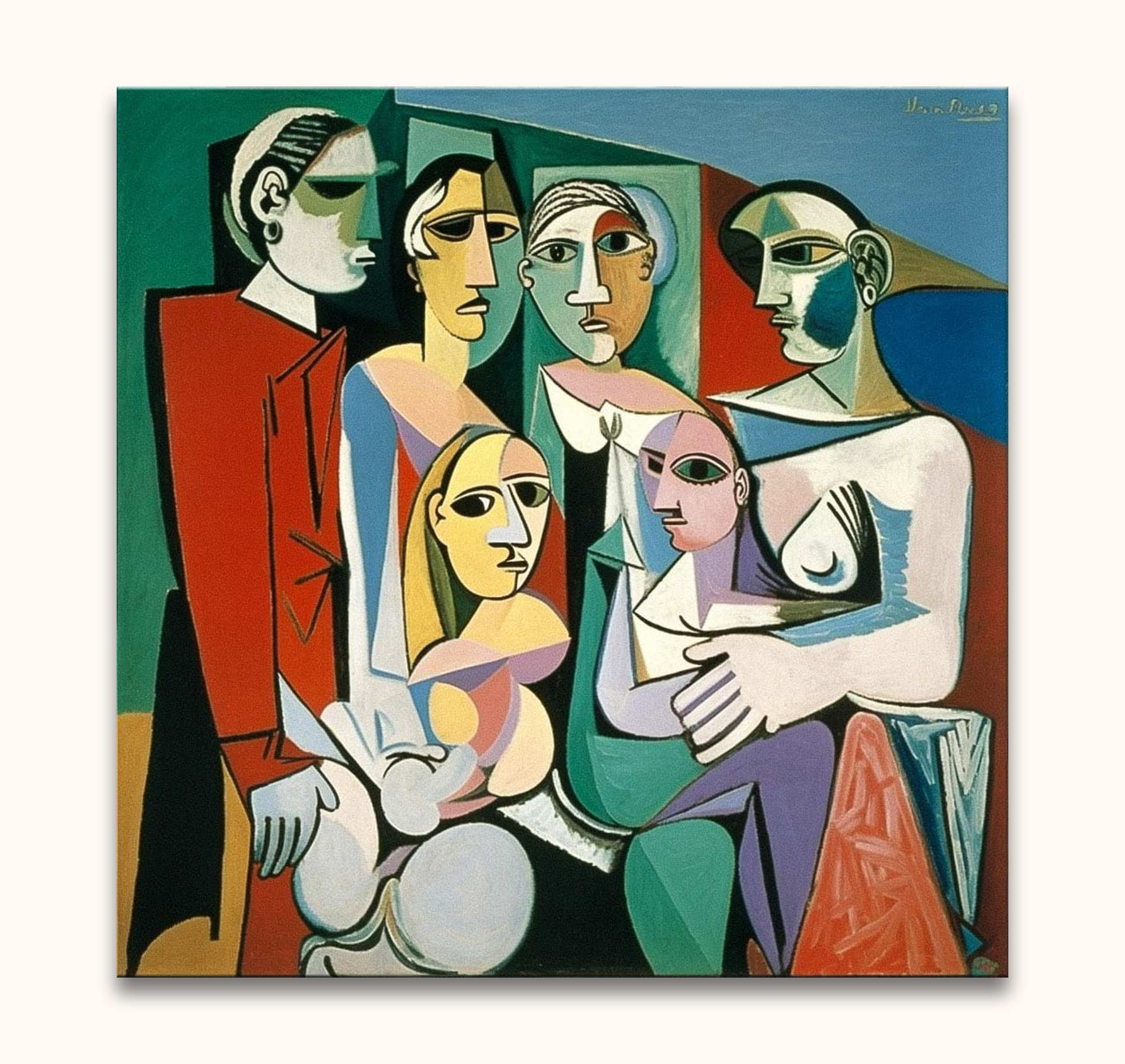 Cubist-style painting, Day at the Museum, depicting six abstract figures with Picasso signature. Hand-painted on high-quality canvas, ready to hang.