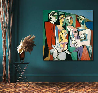 Cubist painting Day at the Museum inspired by Picasso, featuring five figures. Displayed on a teal wall, complemented by a side table with pampas grass.