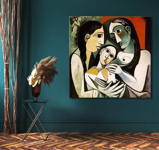 Picasso signature - Drie Dames: Cubist-style painting of three women, hand-painted on high-quality canvas, displayed in an elegant interior with modern accents.