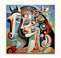 Picasso signature - Dame met Paard: Cubist-style painting featuring interlocking profiles of a woman and horse, expressing dynamic energy. Hand-painted, ready-to-hang.