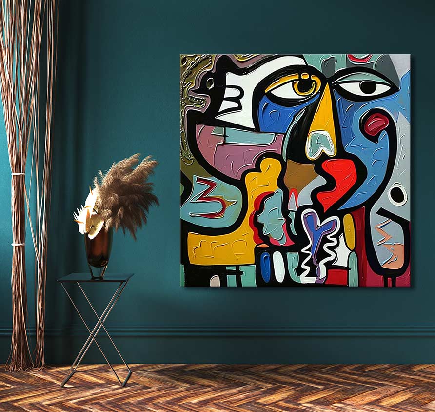 Handgeschilderd schilderij Picasso signature - Serafina Natalia, kubistisch portret aan een teal wand. Gecombineerd met metalen bijzettafel en pampasgras.