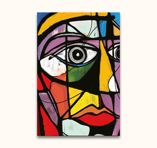 Cubist-inspired abstract painting, Picasso signature - Portret van Señora Canals, featuring bold geometric facets, vivid colors, and a stylized human face on museum-quality canvas.