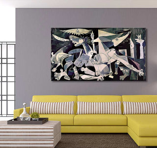 Cubism-inspired 'Picasso signature - Days in Guernica' painting on gray wall above yellow sectional sofa. Hand-painted, ready-to-hang, UV-protected canvas, ideal for modern interiors.