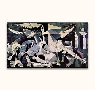 Picasso signature - Days in Guernica: Hand-painted Cubist-inspired mural depicting anguished figures, a wounded horse, and symbolic elements, capturing war's chaos on canvas.