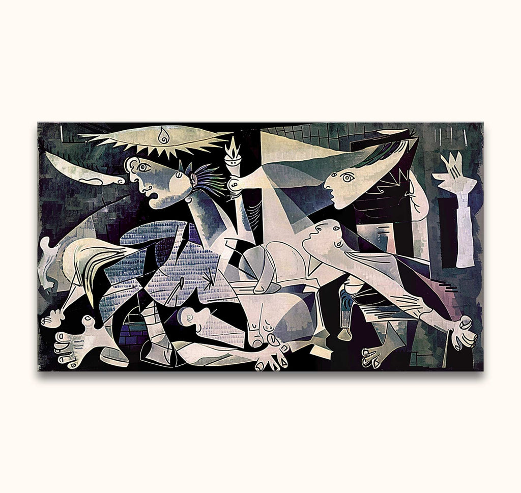 Picasso signature - Days in Guernica: Hand-painted Cubist-inspired mural depicting anguished figures, a wounded horse, and symbolic elements, capturing war's chaos on canvas.