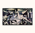 Picasso signature - Days in Guernica: Hand-painted Cubist-inspired mural depicting anguished figures, a wounded horse, and symbolic elements, capturing war's chaos on canvas.