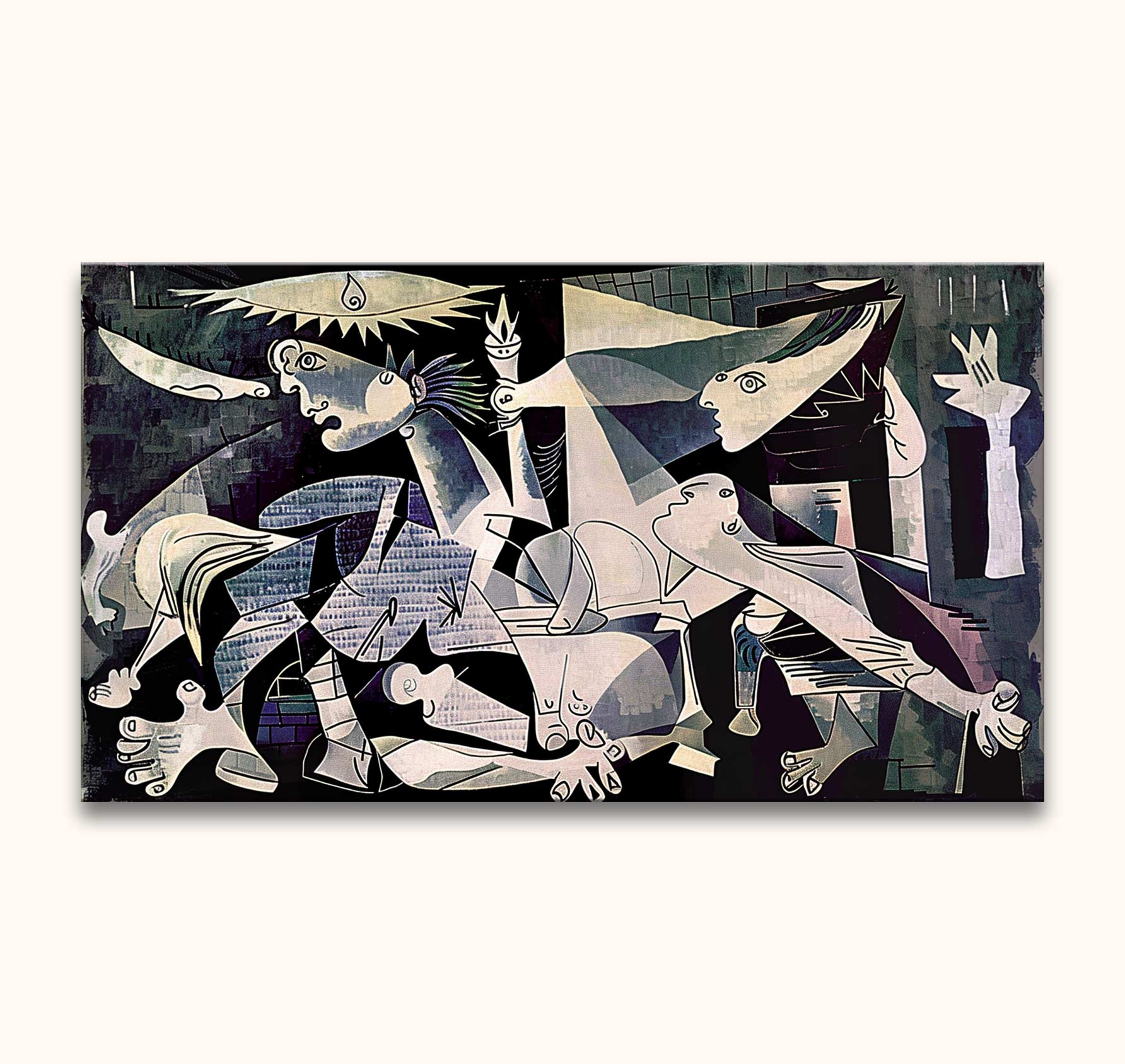 Picasso signature - Days in Guernica: Hand-painted Cubist-inspired mural depicting anguished figures, a wounded horse, and symbolic elements, capturing war's chaos on canvas.