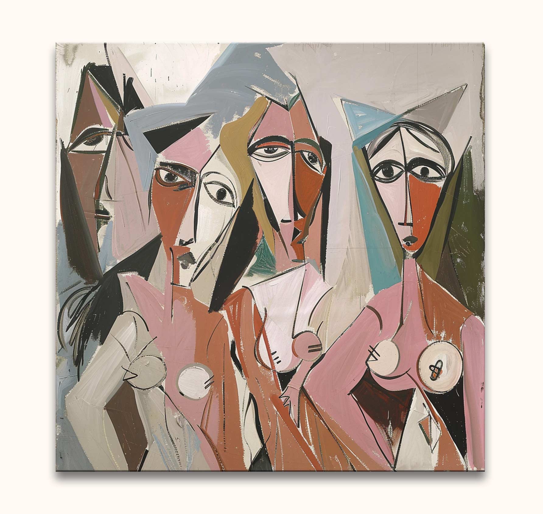 Cubist-style painting titled 'Picasso Signature - The Ladies of Avignon 2' featuring angular female figures with geometric faces, capturing expressive modern artistry.