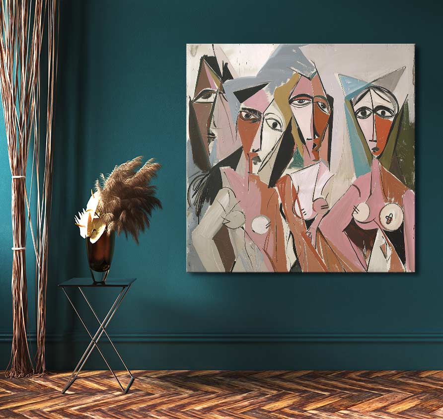 Cubist-style painting, 'Picasso signature - The Ladies of Avignon 2', on teal wall, depicting abstract female figures. Displayed in modern setting with dried botanicals.